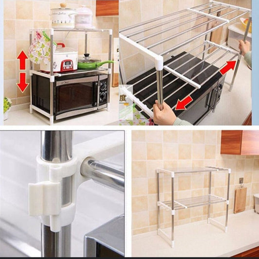 Primary: 2-Tier Expandable Microwave Oven Rack – Multi-Functional Kitchen Counter Shelf Organizer
