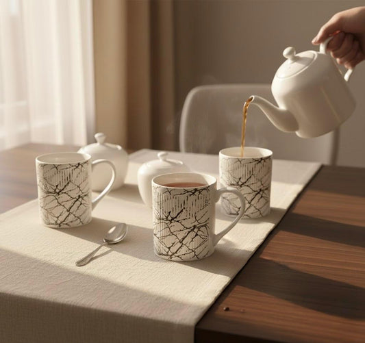 Set of 4 Marble-Effect Ceramic Coffee Mugs with Coaster Tray and Center Handle