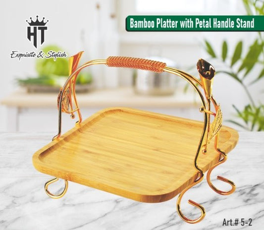 Wooden Bamboo Serving Platter With Golden Metal Stand