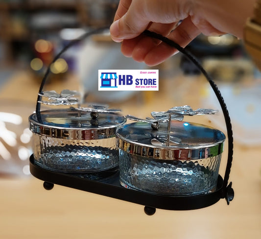 Elegant Glass Serving Jars with Silver Floral Lids and Metal Stand 4-Piece Tiered Stand & 2-Piece Handle Stand