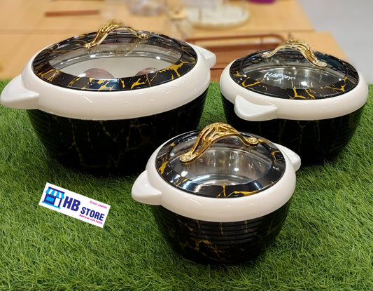 Black Marble Design Insulated Hot Pot Casserole Set (3 Pcs)