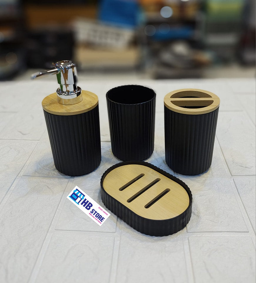 4Pcs Plastic & Wooden Bathroom Set