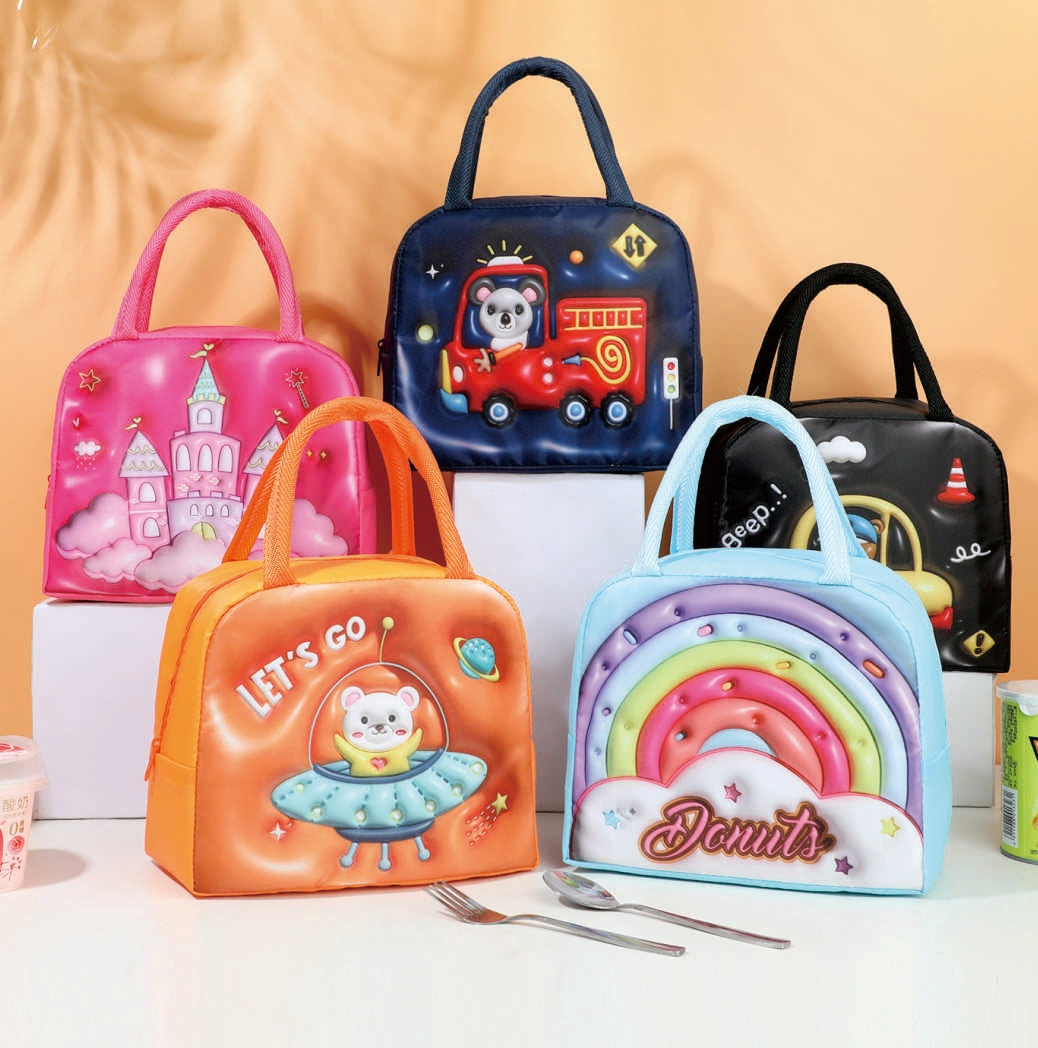3D Cartoon Insulated Lunch Bag – Kids Thermal Tote (Castle, Train, Car, Spaceship, Rainbow)