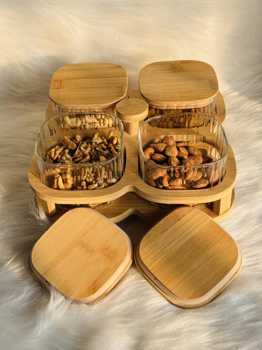 4Pcs Glass Jar Set With Wooden Rotate Stand