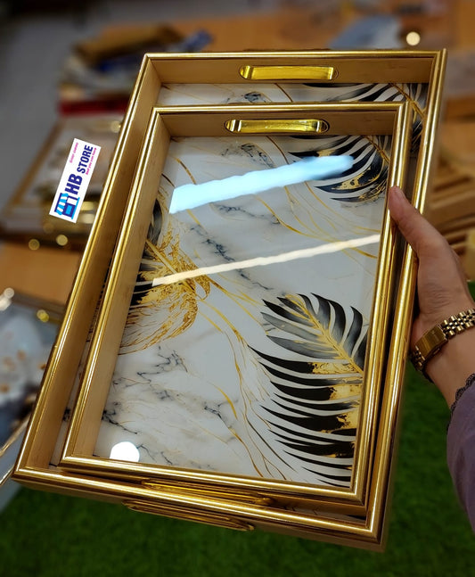 Luxury Wooden Serving Tray Set with Golden Floral Design – 2 Pieces