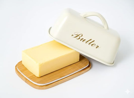 Vintage Metal Butter Dish with Bamboo Base