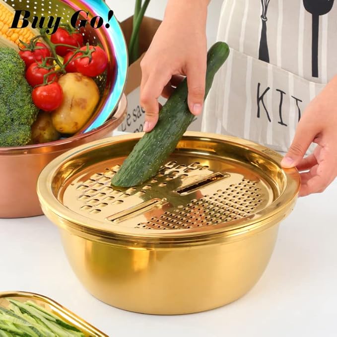Golden Steel Drainer Cutter Lid Bowl Complete Set