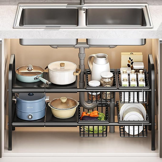 Extendable Under Sink Storage Rack with Baskets