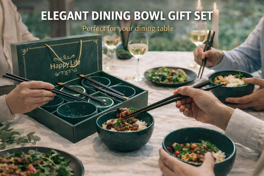 Elegant “Happy Life” Ceramic Bowl Gift Set – 6 Bowls with Luxury Gold-Accent Chopsticks