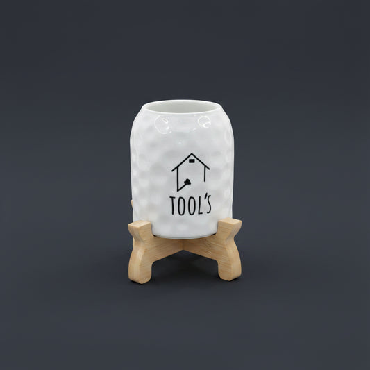 White Dimpled Ceramic Tool Caddy with Wood Base