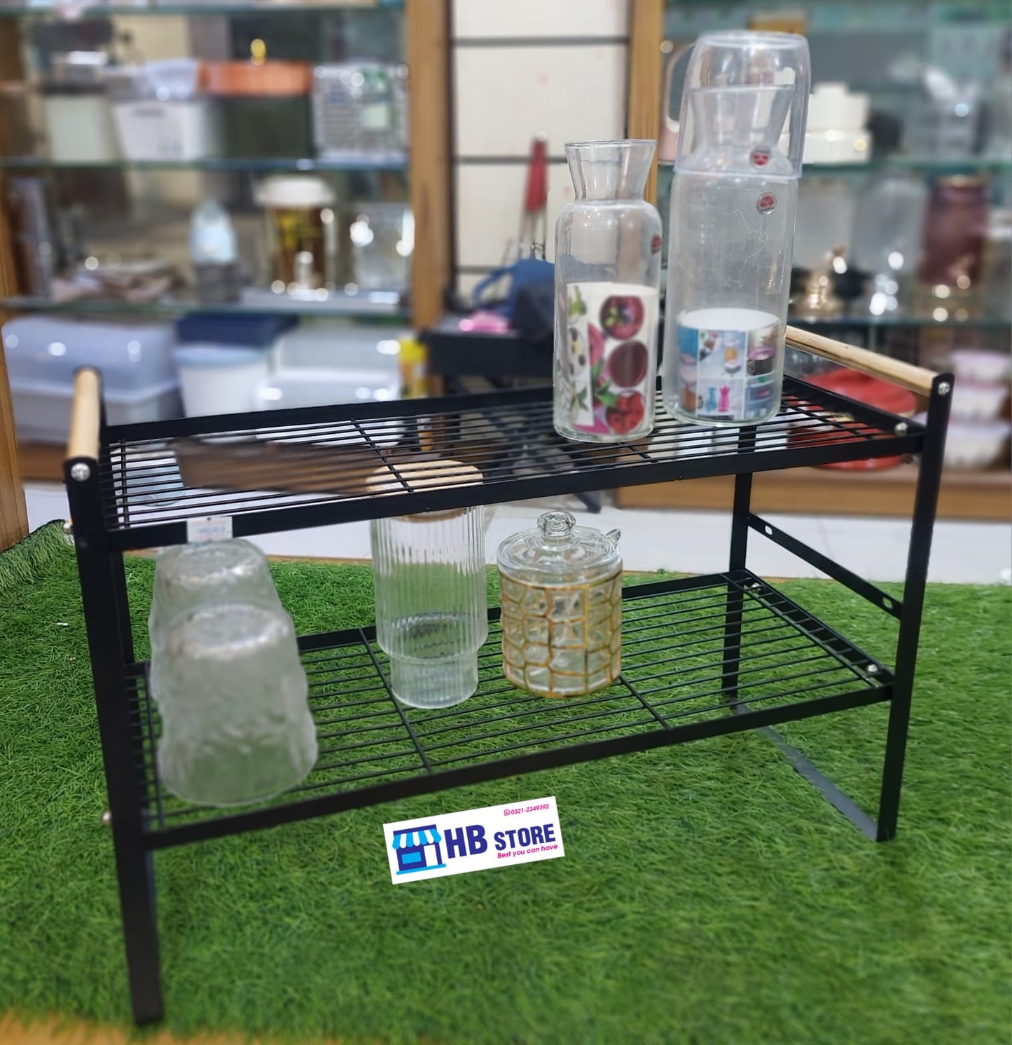 2 Tier Metal Shelf Organizer With Wooden Handel