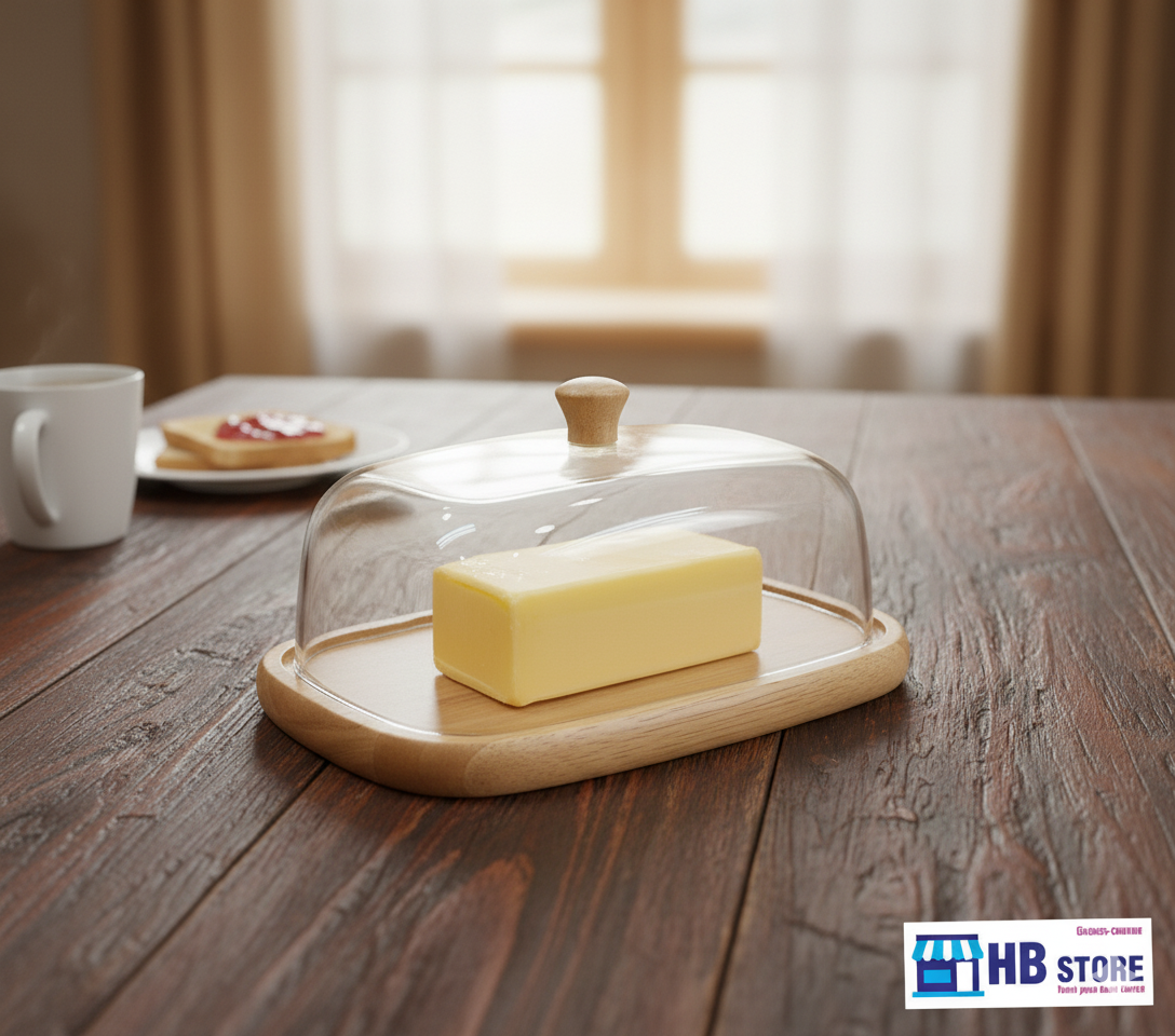 "Butter Dish with Wooden Base & Clear Acrylic Lid