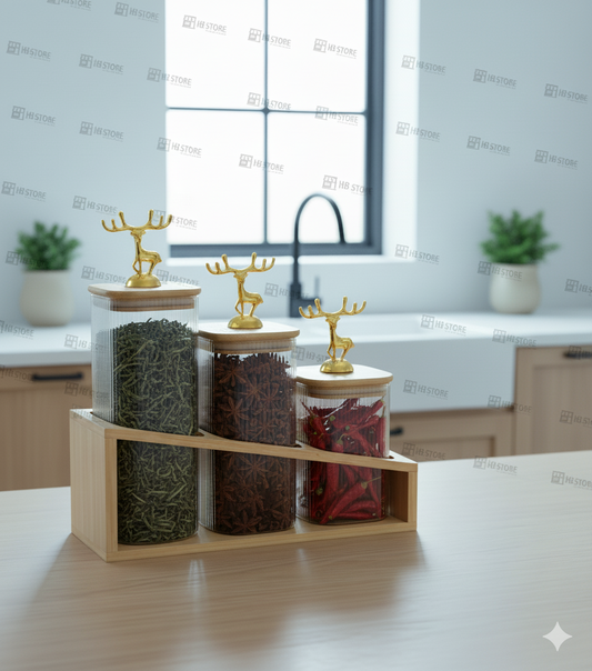 Wooden Stand Glass Jar Trio – Bamboo Lid Storage Set