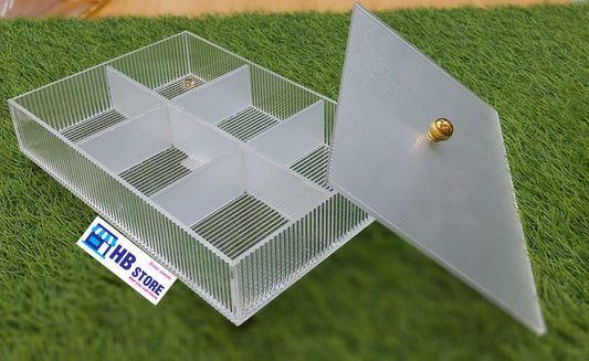 Premium 6 & 4 Portion Acrylic Serving Trays – Elegant Rectangular Design with Lids & Golden Knobs