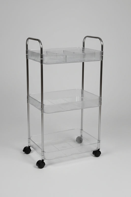 3-Tier Clear Acrylic Fluted Rolling Utility Cart with Silver Handles
