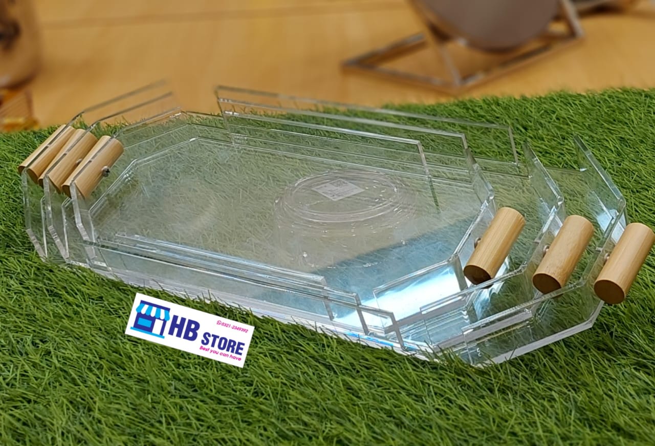Clear Acrylic Serving Tray Set – 3-Piece Set with Wooden Handles
