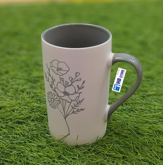 Tall Ceramic Coffee Mugs with Unique Botanical Sketch Designs | Matte White Exterior & Colored Interior/Handle
