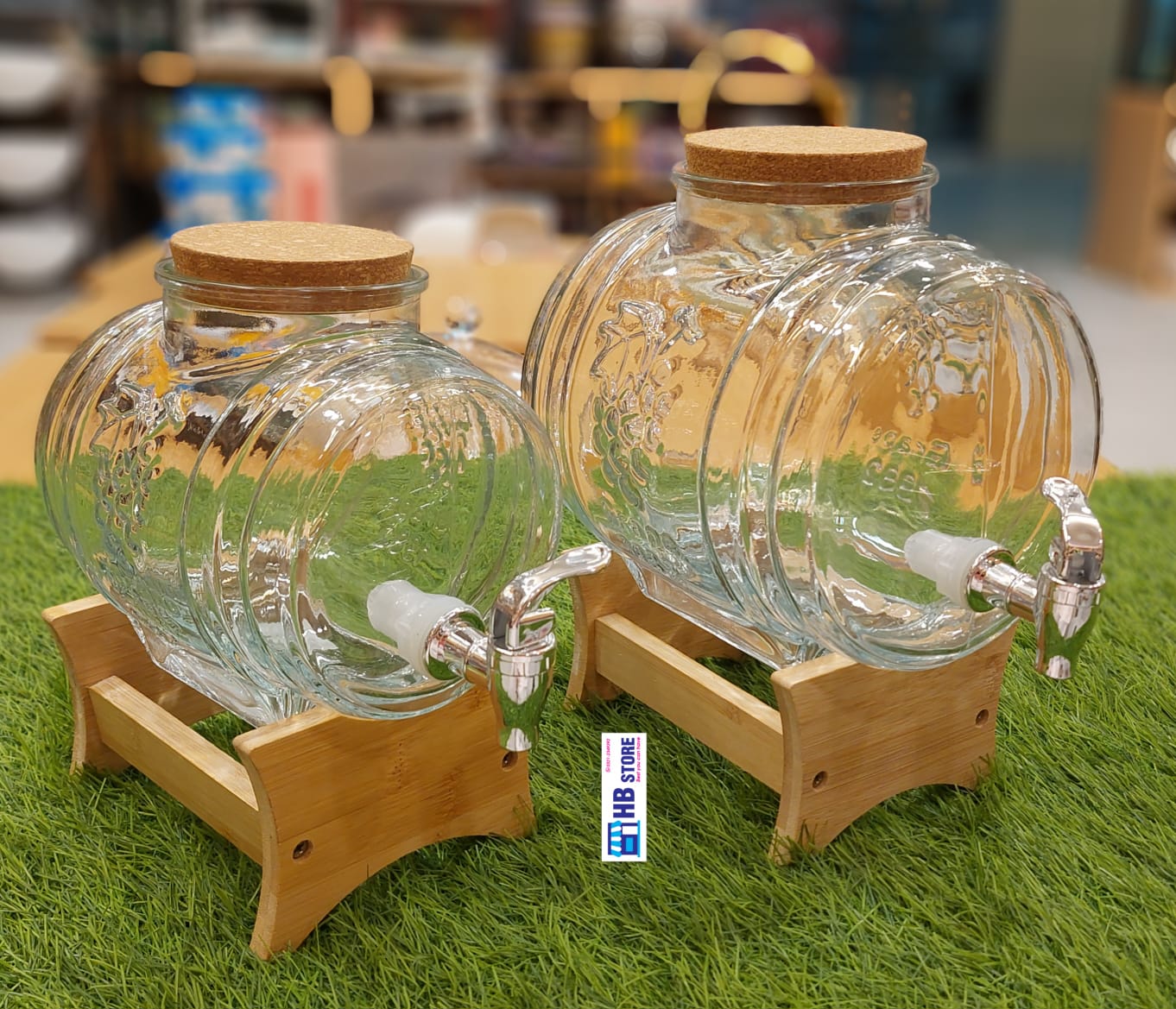 Vintage Glass Barrel Beverage Jar with Spigot and Wooden Rack