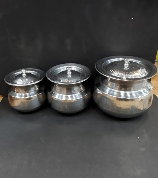 3Pcs Mini Silver Steel Cooking Degchi Set