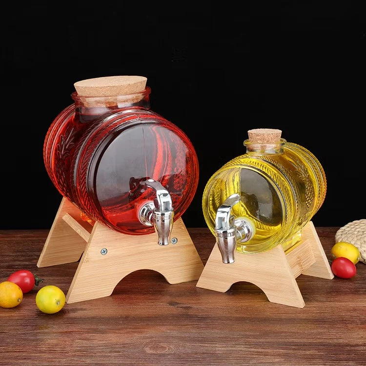 Vintage Glass Barrel Beverage Jar with Spigot and Wooden Rack