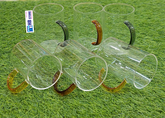 Set of 6 Clear Glass Mugs with Colored Handles