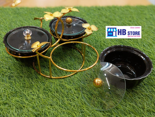 Elegant 3-Portion Glass Serving Dish with Golden Stand and Lids