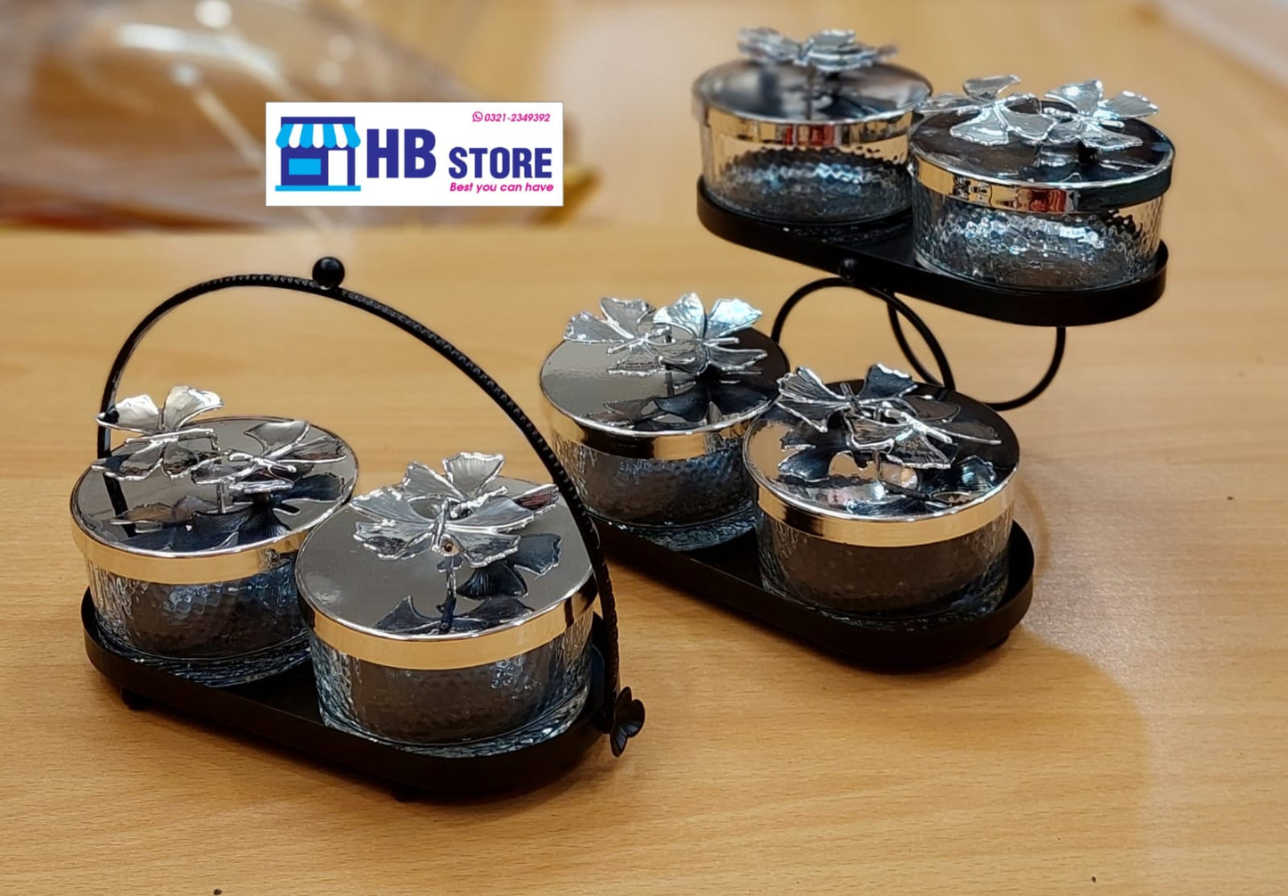 Elegant Glass Serving Jars with Silver Floral Lids and Metal Stand 4-Piece Tiered Stand & 2-Piece Handle Stand