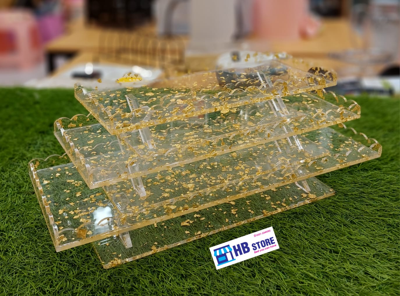 Acrylic Buffet Trays in 3 size with Gold & Silver Foil Flakes | Elegant Display for Events & Parties