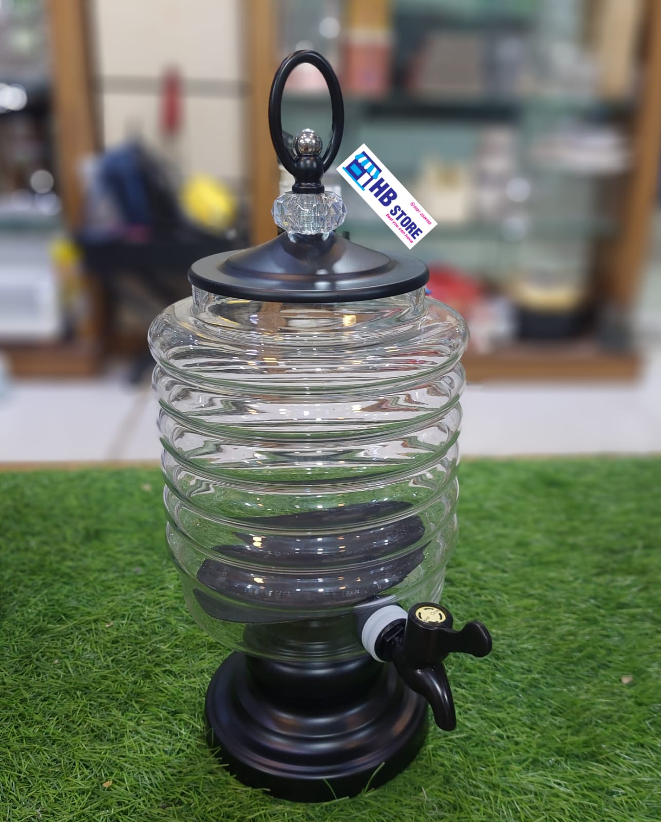 Glass Beverage Dispenser with l Knob, Ribbed Design, Black Base