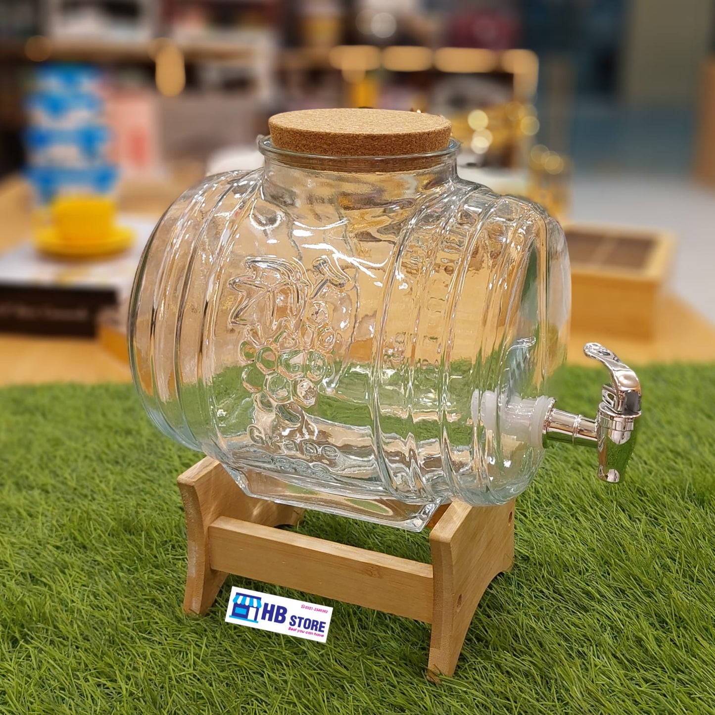Vintage Glass Barrel Beverage Jar with Spigot and Wooden Rack