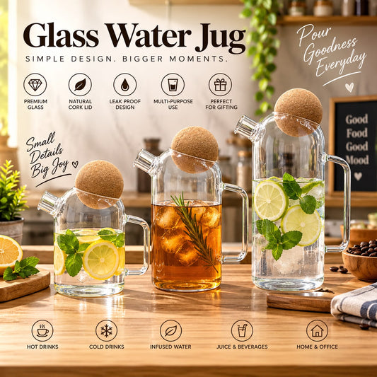 Nordic Minimalist Borosilicate Glass Water Jug with Natural Cork Lid