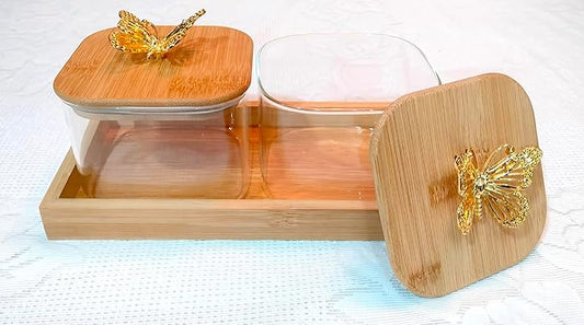 Glass Storage Jars canister with Decorative wooden lids with golden butterfly toppers and wooden tray, Set of 2-500ml