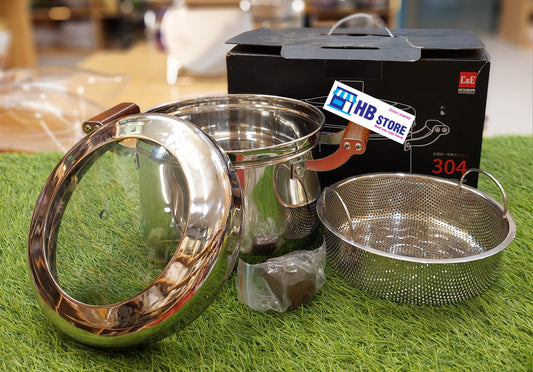 304 Stainless Steel Steamer Pot with Glass Lid & Wooden Handles