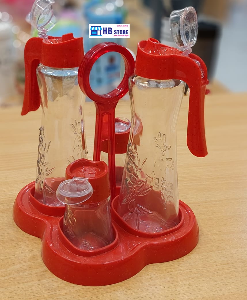 Vinegar and oil dispenser 5pcs. Set salt and pepper red