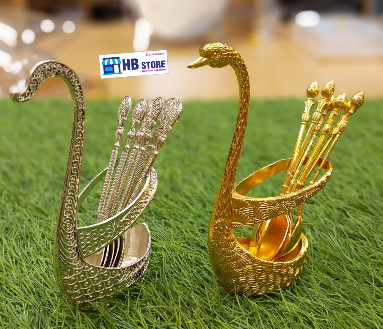 Swan Spoon Holder Set with Intricately Designed Teaspoons
