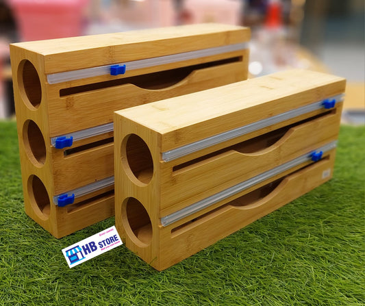 Bamboo Cling Film Cutting Box, Foil and Plastic Wrap Organizer with Cutter Dispenser, Kitchen Organization and Storage