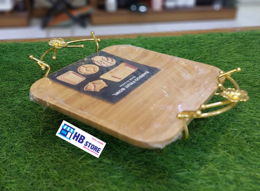 Wooden Bamboo Serving Platter With Golden Metal Stand