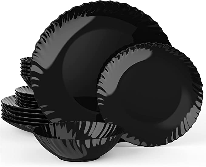 Black Glass Dinner Plates & Bowl