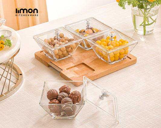 Square Snack Serving Tray With Wooden Base