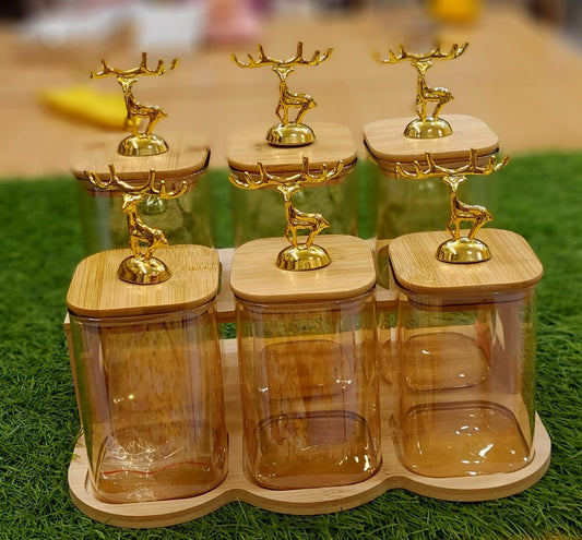 6-Piece Amber Glass Canister Set with Bamboo Tray and Gold Deer Lids