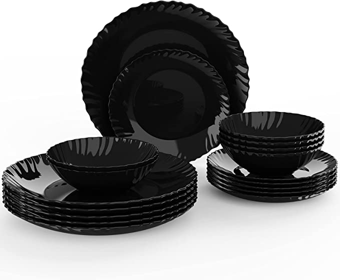 Black Glass Dinner Plates & Bowl