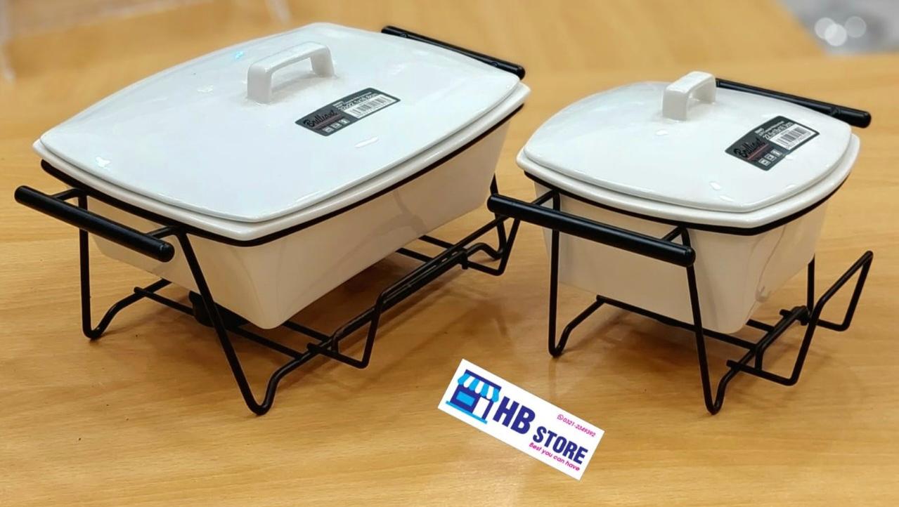 Set of 2 Ceramic Casserole Dishes with Metal Serving Stands