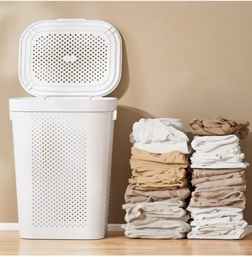 Rolling Laundry Hamper - Tall White Plastic Ventilated Clothes Basket with Flip-Top Lid and Wheels