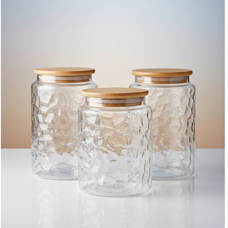 Airtight Textured Glass Storage Jar with Bamboo Lid