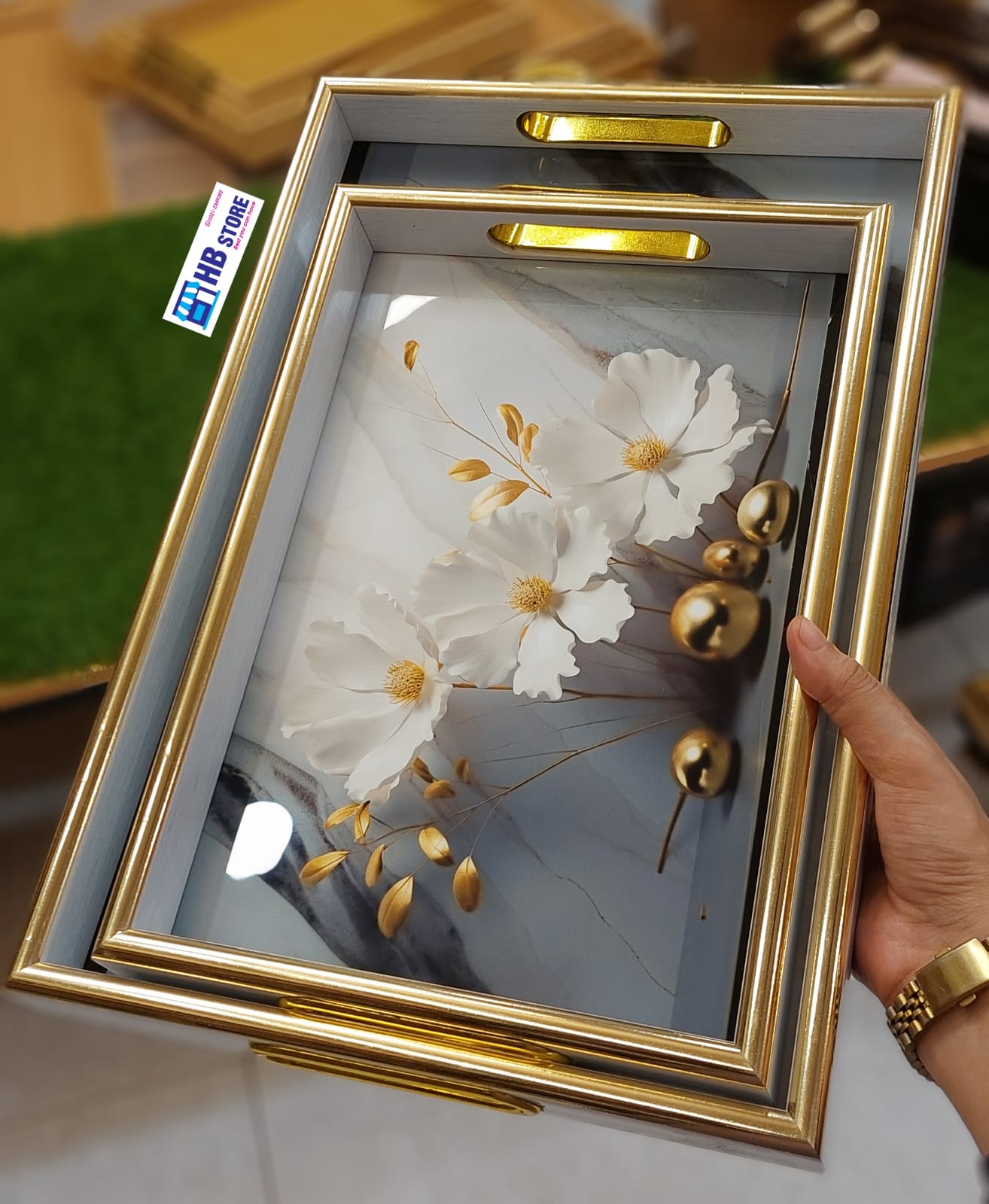 Luxury Wooden Serving Tray Set with Golden Floral Design – 2 Pieces