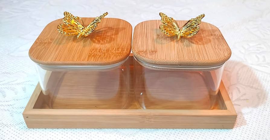 Glass Storage Jars canister with Decorative wooden lids with golden butterfly toppers and wooden tray, Set of 2-500ml