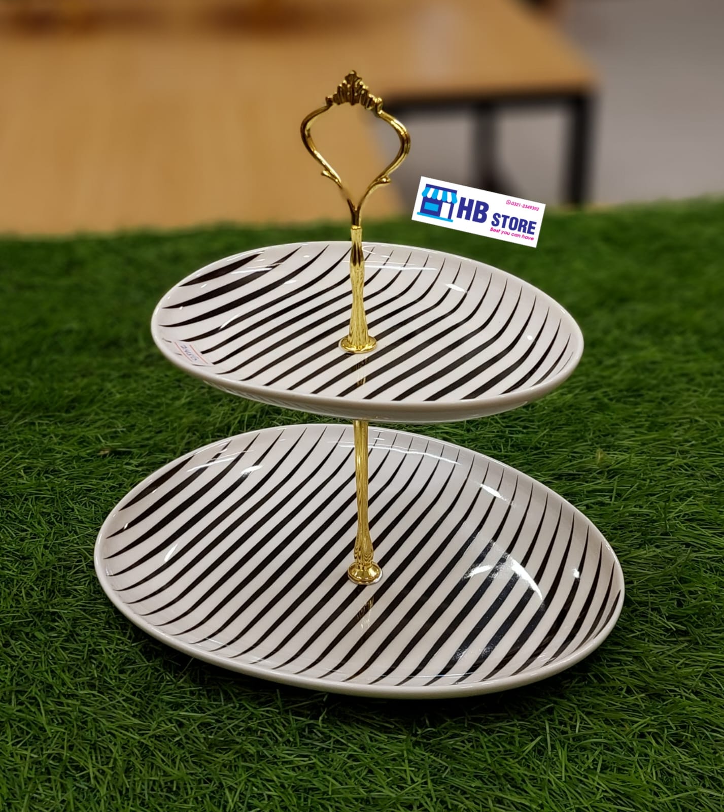 Chic 2-Tier Serving Platter with Black & White Stripe Design and Gold Stand