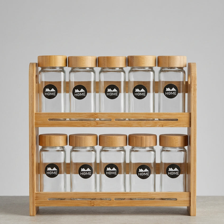 10-Piece Bamboo Spice Rack Set with Glass Jars