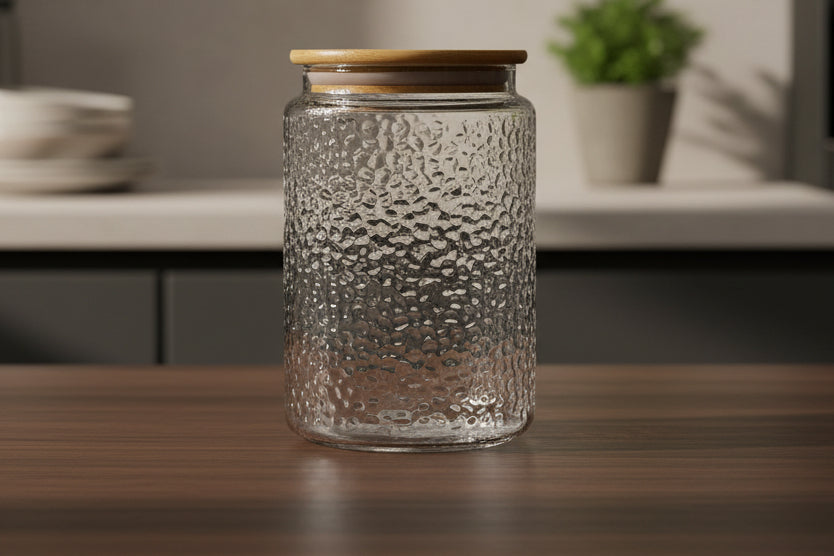 Airtight Textured Glass Storage Jar with Bamboo Lid