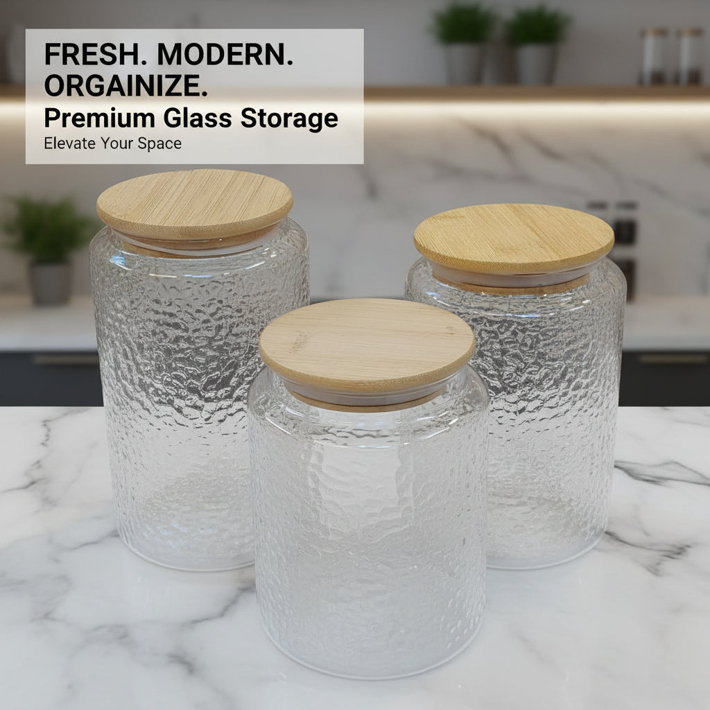 Airtight Textured Glass Storage Jar with Bamboo Lid